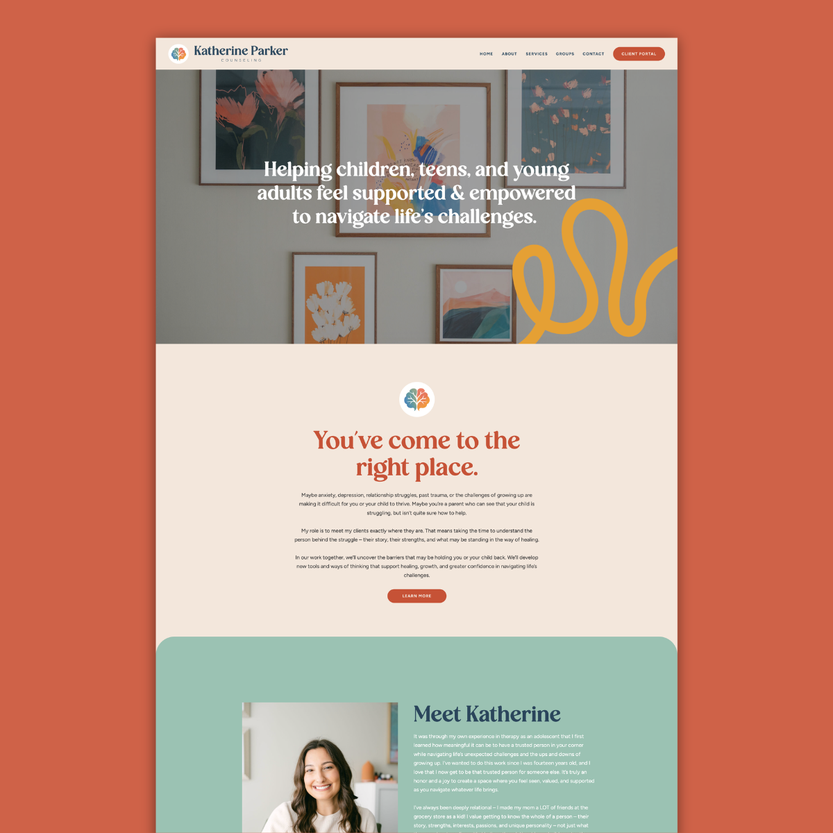 Katherine Parker Counseling website design, bold and colorful Showit web design