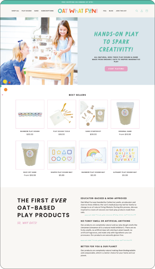 Shopify web design rebrand for children's play dough and play sand brand, Oat What Fun | BlairStaky.com