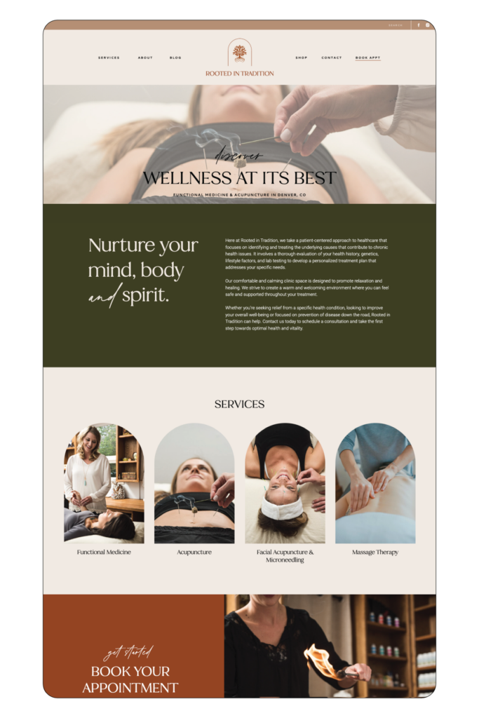 Rooted in Tradition Showit website for functional medicine and acupuncture clinic